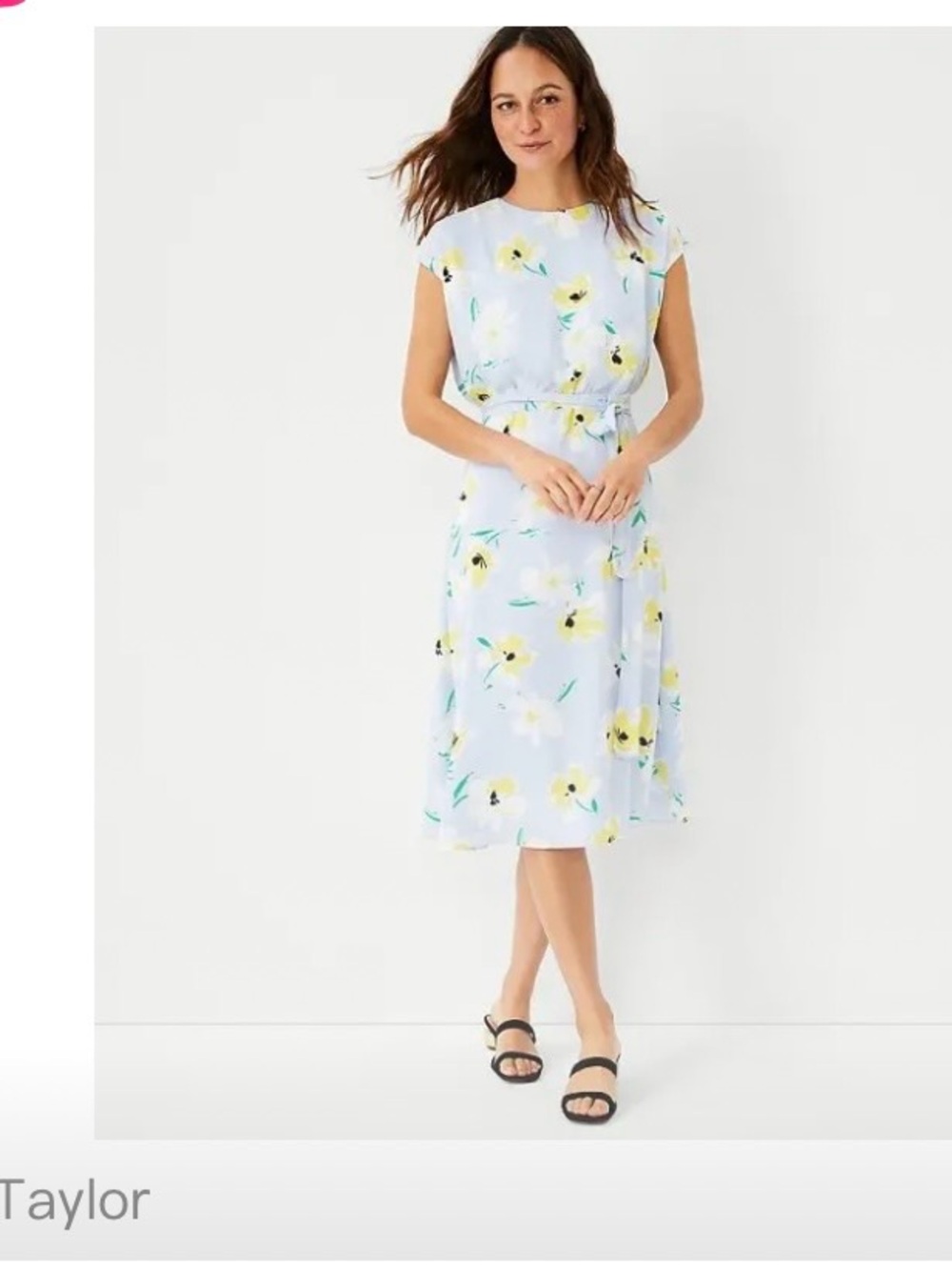 Ann Taylor Light Blue Floral Tie-Waist Midi Dress